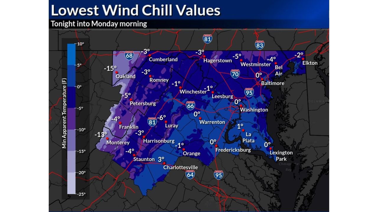 Brutal Cold Grips the Mid-Atlantic One More Night as Subzero Wind Chills Hit Maryland, Virginia, West Virginia, and D.C.