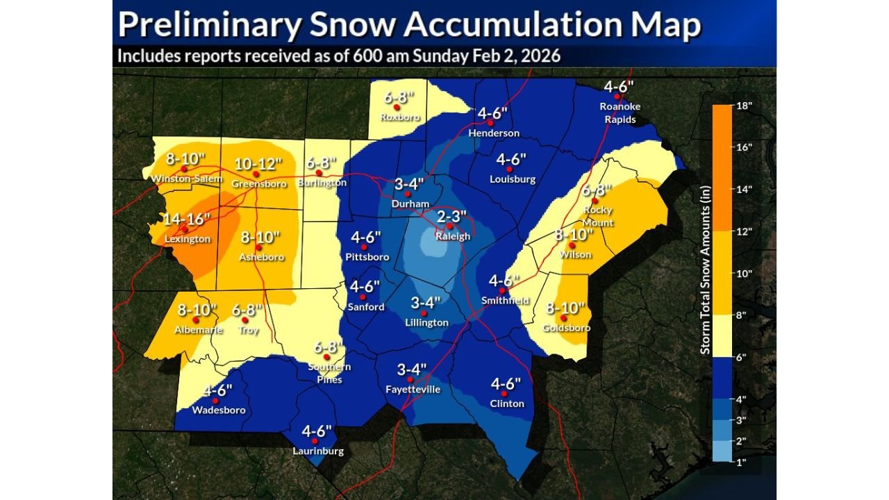 February 2026 Snowstorm Produces Two Distinct Snow Maxima Across North Carolina as Triangle Sits in a Sharp Snowfall Minimum