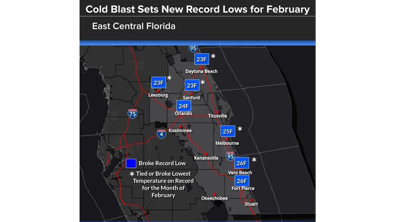 Historic Arctic Cold Blast Shatters February Temperature Records Across East Central Florida, With Widespread 23–26°F Lows