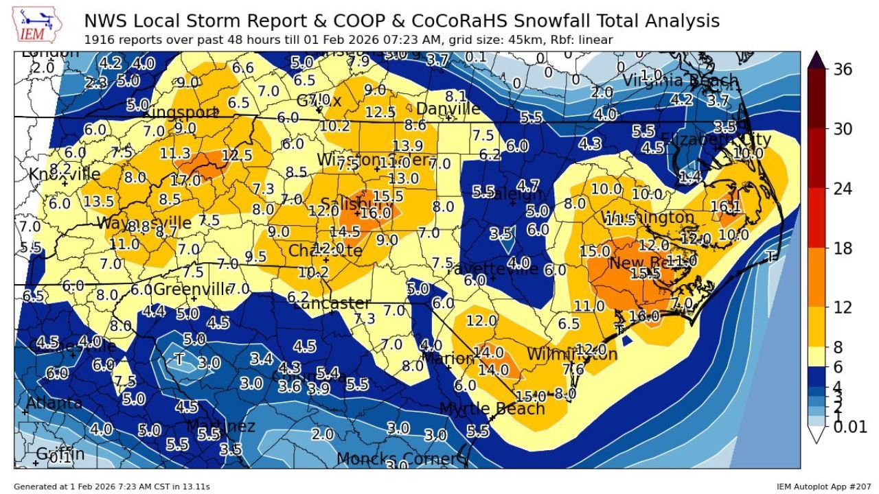 Historic Snowstorm Blankets the Carolinas and Virginia With Double-Digit Totals as February 2026 Begins
