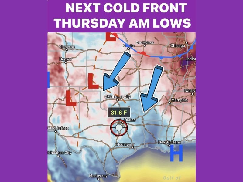 Next Cold Front Set to Drop North Texas Back Into the 50s With Spotty Rain Southeast of DFW and a Light Freeze Risk Thursday Morning