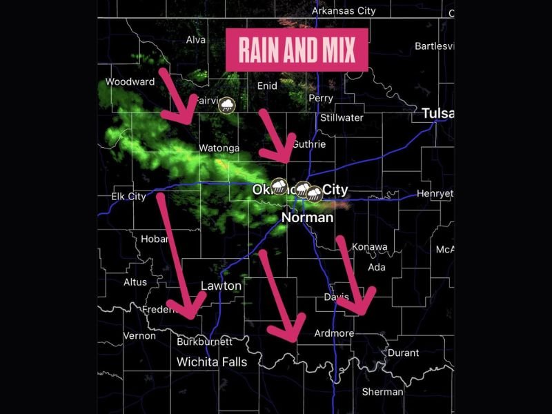 Oklahoma Radar Shows Early-Morning Rain/Snow Mix Sliding South Toward OKC, Norman, Ardmore and Wichita Falls