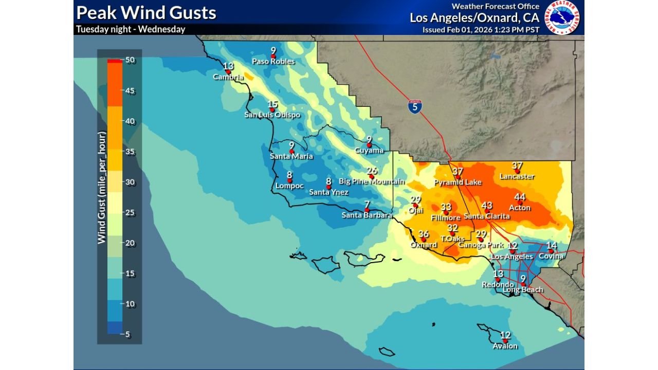 Santa Ana Winds Set to Intensify Across Southern California With 30–50 MPH Gusts Expected Through Midweek